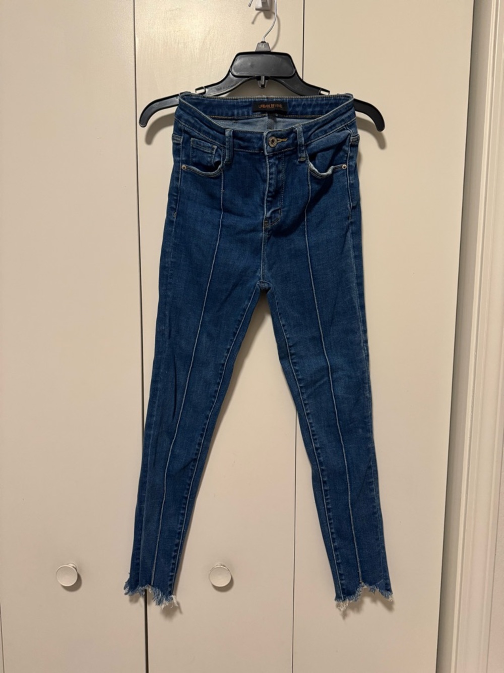 High-Rise Dark Blue Skinny Jeans with Front Seam Detail - Unbranded